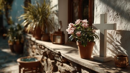 Fototapeta premium Peaceful Mediterranean garden ledge with terracotta pot of pink flowers, white stone cross, and potted plants along sunlit stone wall in spiritual home setting