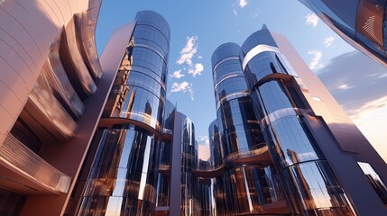 A stunning modern architectural complex with cylindrical high-rises, constructed with a geometric arrangement of glass and solid panels.