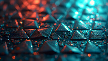 Perfect triangular circuit lattice with platinum nodes and binary etchings on crystalline substrate, representing quantum tech.