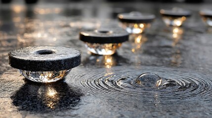the image features a close up shot of a wet, dark surface with several circular water features