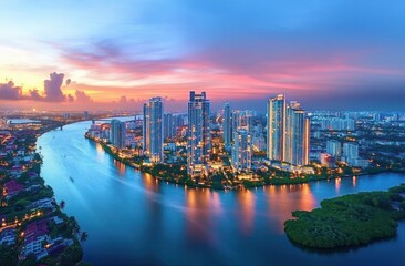Obraz premium Aerial view of modern city skyscrapers and waterfront buildings illuminated at dusk with a river curving through the urban landscape under a colorful sunset sky