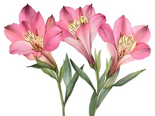 Obraz premium Three delicate pink Alstroemeria flowers with green leaves are artistically illustrated on a white background in a watercolor style.