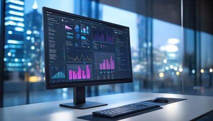 Modern workspace with a computer monitor displaying data visualizations