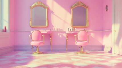 Pink salon interior with mirrors and chairs