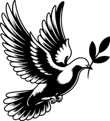 Fototapeta premium The image is a black and white illustration of a dove in flight, wings spread, carrying an olive branch in its beak, a classic symbol of peace.