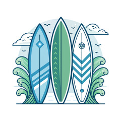 Three colorful surfboards are standing upright on the sand, ready for a day of surfing, with a transparent background