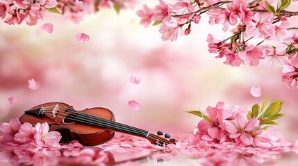 Pink cherry blossoms surround a classical violin.
