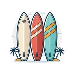 Three colorful surfboards are standing upright on the sand, ready for a day of surfing, with a transparent background