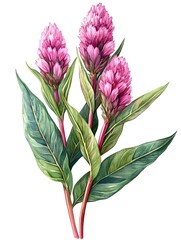 A botanical watercolor painting showcases three vibrant pink celosia flowers with lush green leaves against a pristine white background.