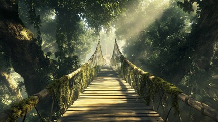 A suspended wooden bridge stretching through a dense, rainforest-like environment, surrounded by thick, tropical vegetation.