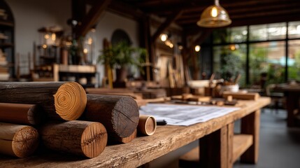 Rustic wooden logs on workbench in warm-lit artisan carpentry workshop with exposed beams, hanging pendant lights, and large windows overlooking greenery - handcrafted furniture design studio