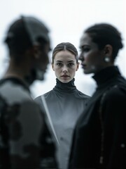 Three people are staring at each other.