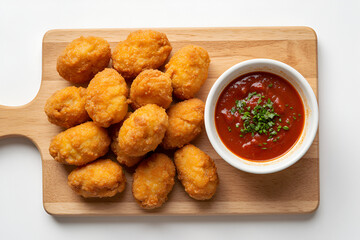 Golden Crispy Chicken Nuggets with Dipping Sauce on Wooden Board

