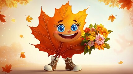 A vibrant and cheerful cartoon illustration of an anthropomorphic maple leaf character in autumn. The leaf is rich orange with gradient shading.