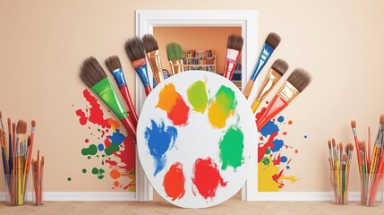 A vibrant art room wall mural featuring a large white painters palette with colorful paint splashes in red, blue, green, and yellow, positioned at the center. 