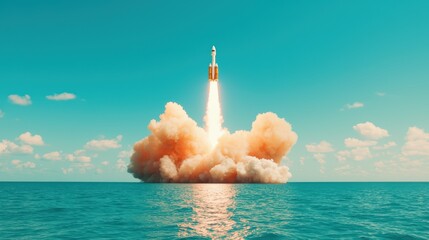 Rocket Launch Against a Clear Blue Sky Over Calm Ocean Waters