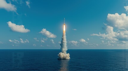 Rocket Launch Over Ocean with Blue Sky and White Clouds