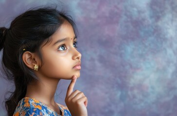 Obraz premium Portrait of an intelligent Indian girl, finger resting on lips in a pensive gesture, eyes glancing sideways