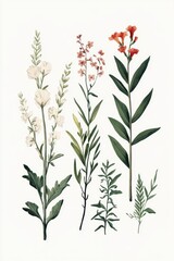 Fototapeta premium Botanical Illustration of Various Flowers and Greenery on White Background