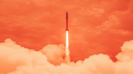 Stunning Rocket Launch Against Dramatic Orange Sky with Clouds
