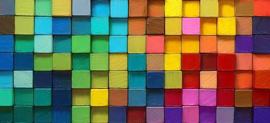 Abstract colorful geometric design featuring a seamless mosaic pattern of vibrant squares and 3D cubes