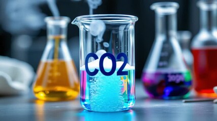 Carbon dioxide experiment in laboratory glassware with colorful liquid showing chemical reaction and climate research for science research - Powered by Adobe
