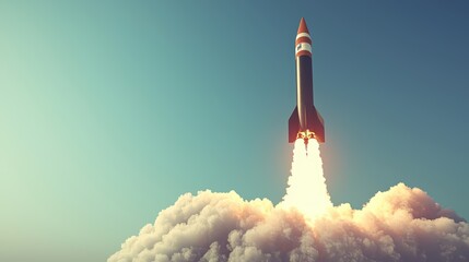 Rocket Launch Against Clear Blue Sky with Bright Flames and Smoke
