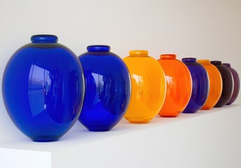 Colorful Glass Vases Displayed on a White Shelf in a Modern Setting
