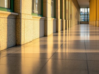 Sunlit Corridor with Beige Columns and Polished Floor Tiles