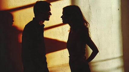 Tension between partners is highlighted by shadows during a quarrel in a dimly lit setting, A couple quarreling, the shadow of fighting on the wall, domestic violence