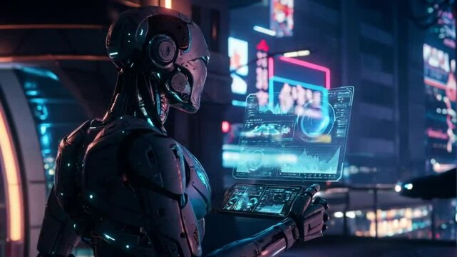 Cybernetic Enforcer - 4K Futuristic Robot in Neon City for Sci-Fi & Gaming AI-Generated  