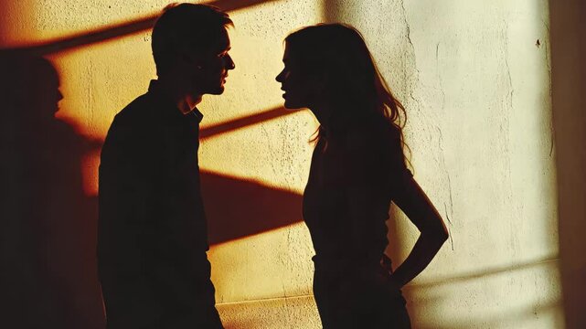 Tension between partners is highlighted by shadows during a quarrel in a dimly lit setting, A couple quarreling, the shadow of fighting on the wall, domestic violence