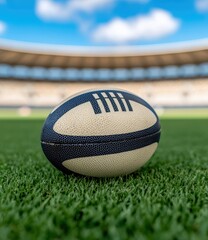 Close-Up of Rugby Ball on Green Field at Stadium Under Blue Sky