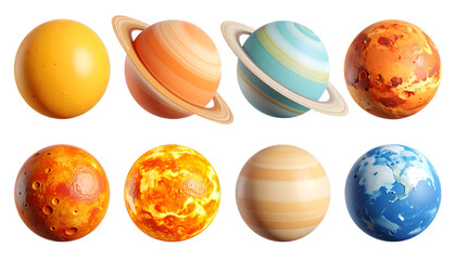 Collection of eight stylized planet illustrations, each with unique colors and textures, representing various celestial bodies in playful and artistic manner