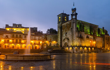 Illuminated Plaza Mayor in evening. Trujillo, Province of Caceres, Spain.