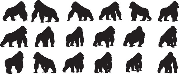 Gorilla silhouettes vector illustration set for animal graphics design and wildlife art projects design 100