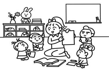 The teacher is teaching kindergarten children in the classroom.