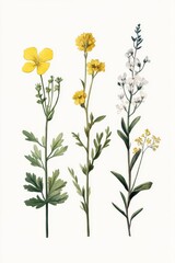 Botanical Illustration of Yellow Flowering Plants on White Background