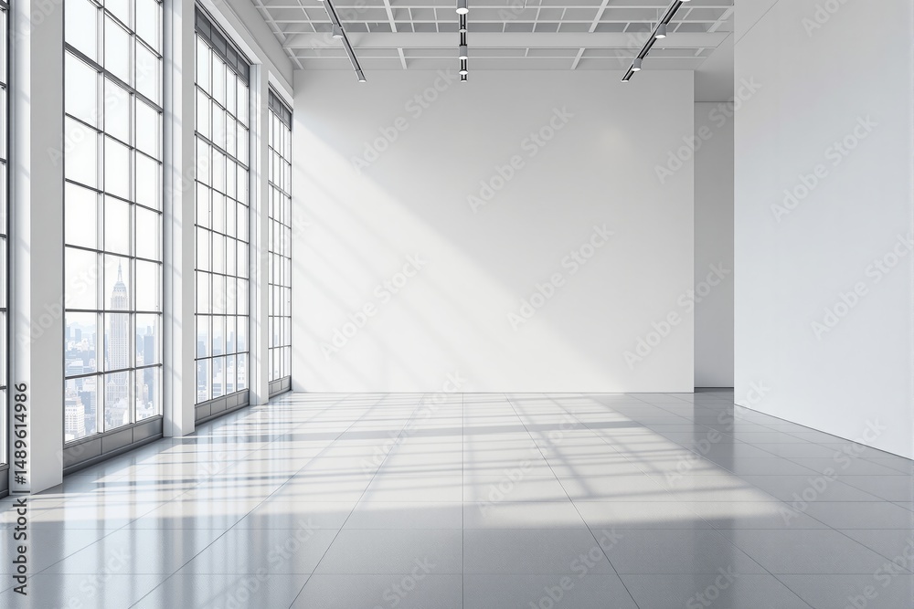 Aufkleber empty spacious interior with tall glass windows, minimalistic modern architecture style, white backg