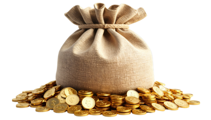 Burlap sack filled with gold coins is surrounded by more coins, symbolizing wealth and prosperity. image conveys sense of abundance and financial success