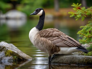 Obraz premium Canada goose perched by waters edge