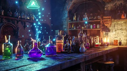 Enchanted alchemy lab filled with glowing potions and mystical elements, Alchemy lab with mystical atmosphere and glowing potions Fantasy and magic concept - Powered by Adobe