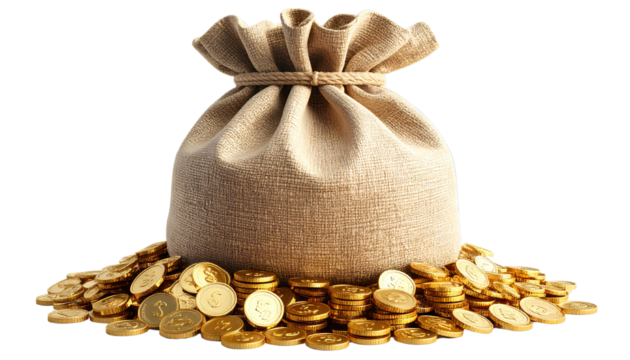 Burlap sack filled with gold coins is surrounded by more coins, symbolizing wealth and prosperity. image conveys sense of abundance and financial success