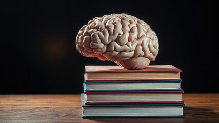 A human brain model rests atop a stack of hardcover books symbolizing the acquisition of knowledge and intellectual growth