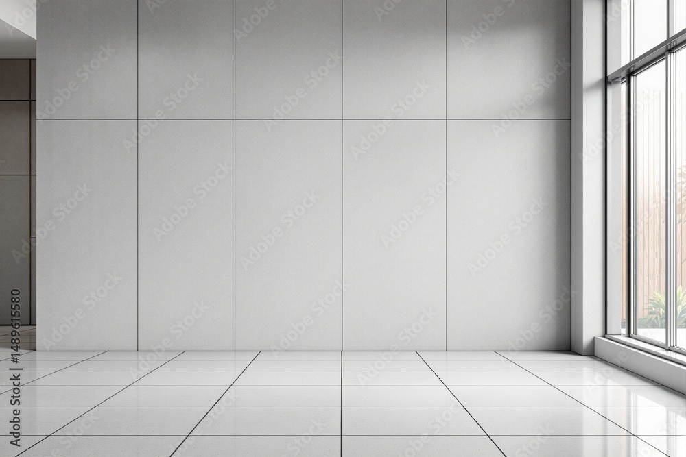 Poster empty modern interior room with tiled floor and smooth panel wall design, bright daylight through la