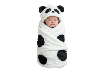 PNG Caucasian baby wrapped in panda-themed blanket sleeping peacefully