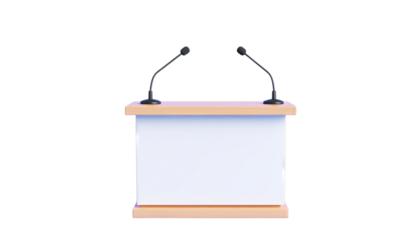 Wooden podium with two microphones stands ready for speech or presentation, set against plain background. simple design emphasizes functionality and professionalism