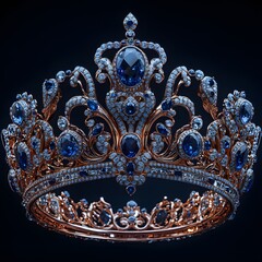 Obraz premium Ornate golden crown, studded with blue sapphires and diamonds, against a dark background