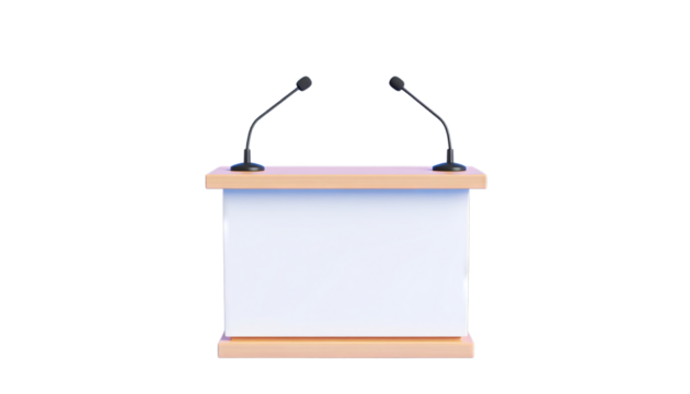 Wooden podium with two microphones stands ready for speech or presentation, set against plain background. simple design emphasizes functionality and professionalism