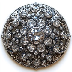 Ornate, round brooch with numerous glittering gems
